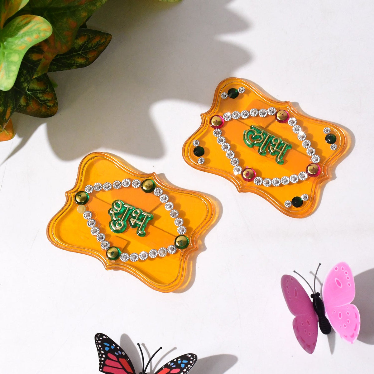 Close-up of Shubh Labh wall hanging set featuring glitter and stone embellishments Main image