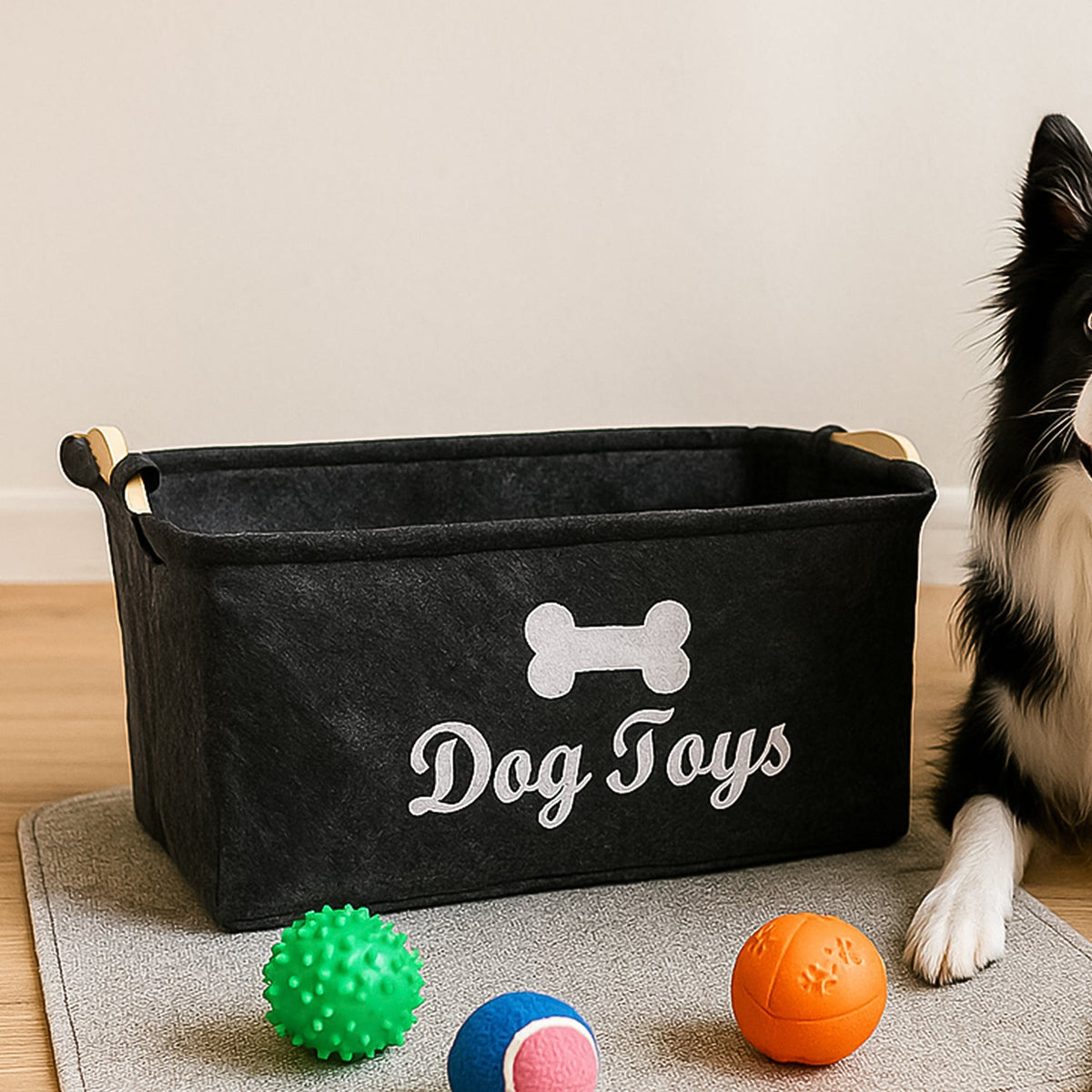 Felt Pet Toy Storage Basket with 'Dog Toys' print for organised play area. Main image