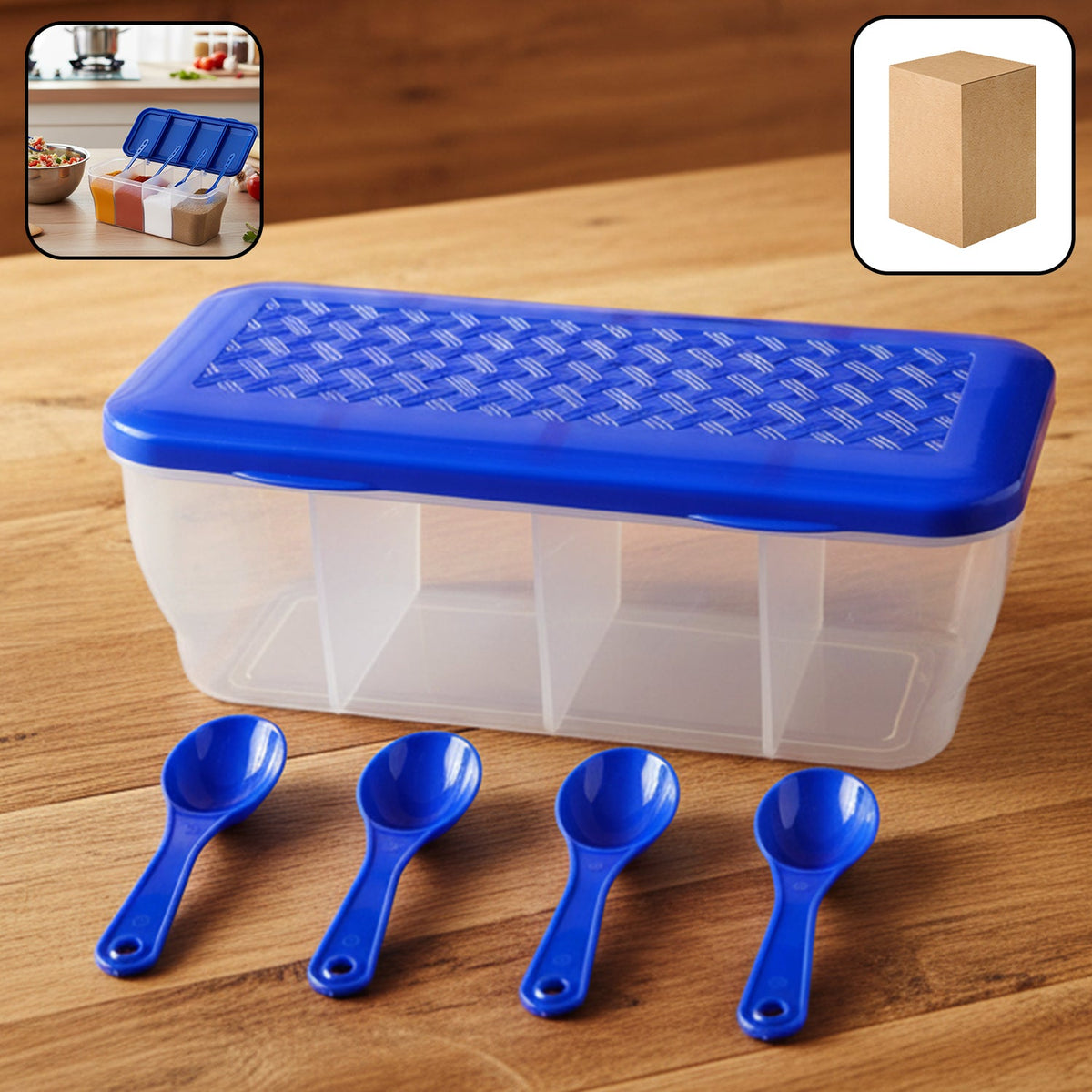 Airtight 4-section storage container with 4 spoons, full of spices on a white background. Main image