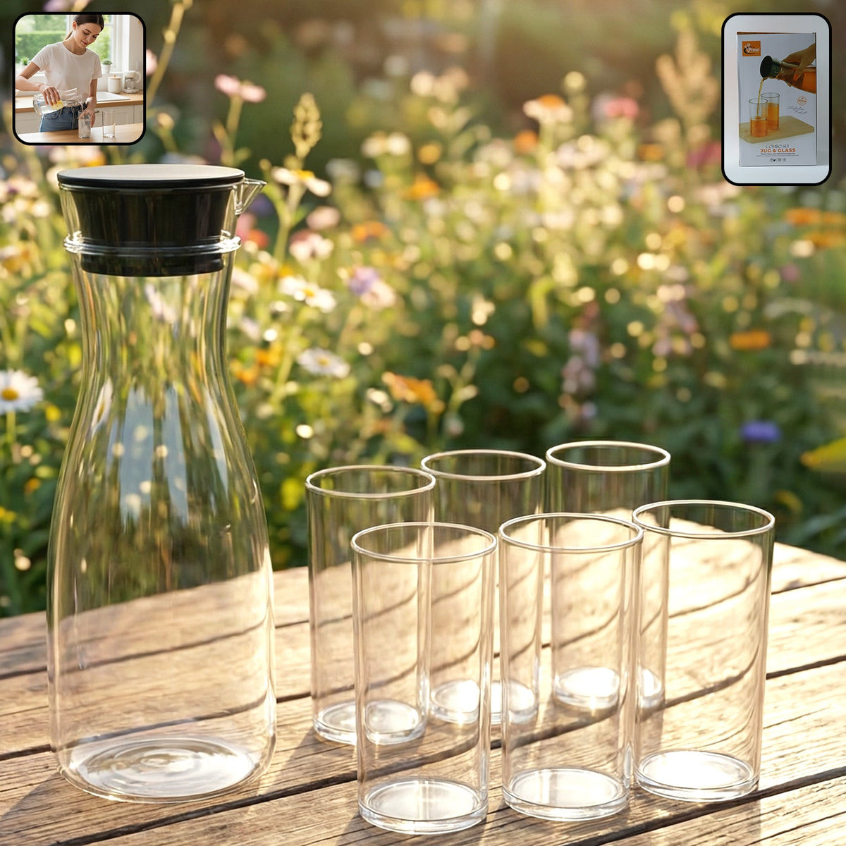 Plastic water jug with 6 glasses, transparent drinkware set for home Main image