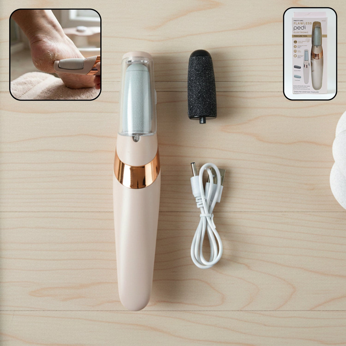 Rechargeable electronic pedicure tool with USB charging cable for smooth feet. Main image