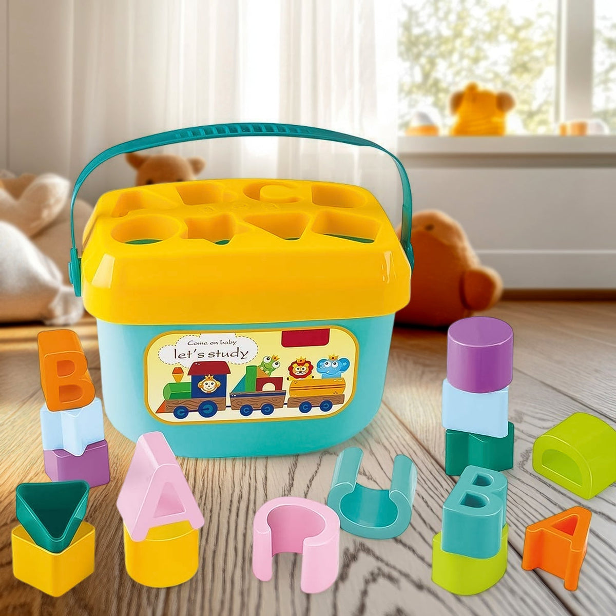 Toddler playing with a multicolor Baby Shape Sorter Toy, learning geometric shapes. Main image