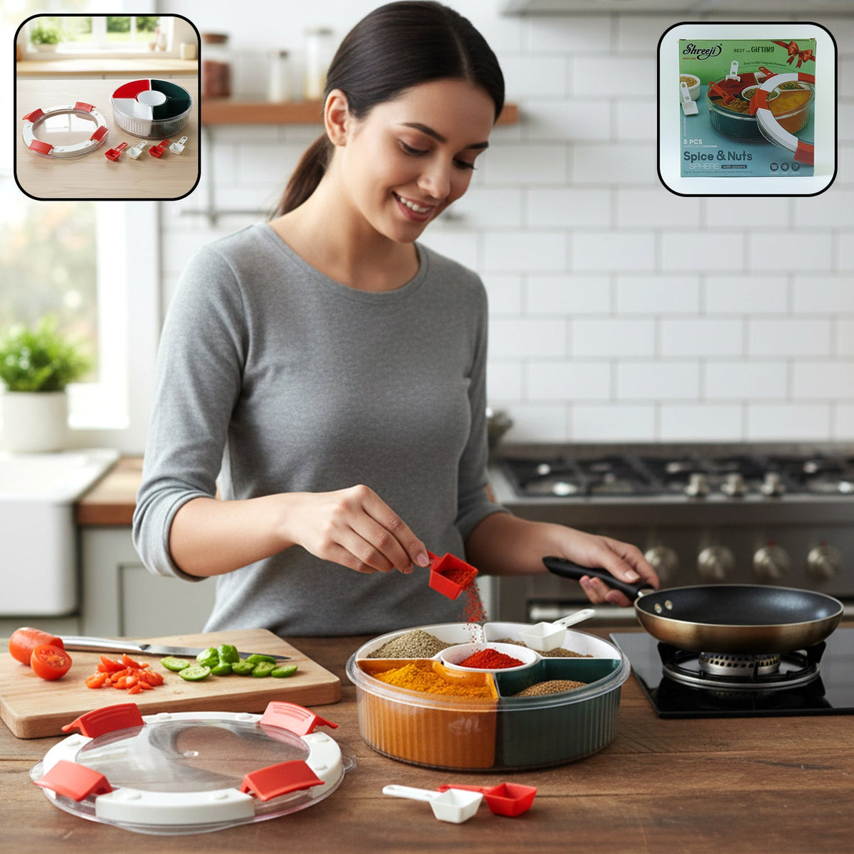 Plastic 5-compartment spice storage box with transparent lid and spoons Main image