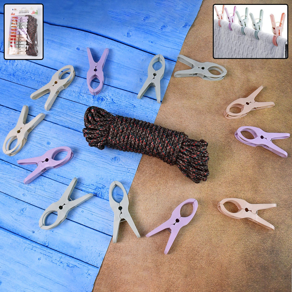 Cloth drying rope with clips set showing rope and twelve clips Main image