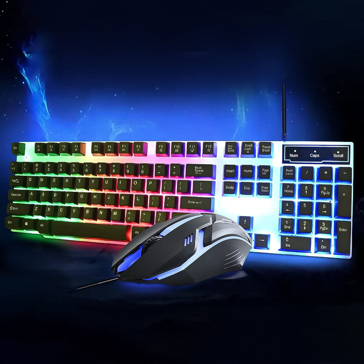 Colorful backlit keyboard and mouse set from Wiregenix, showcasing vibrant RGB lighting. Main image