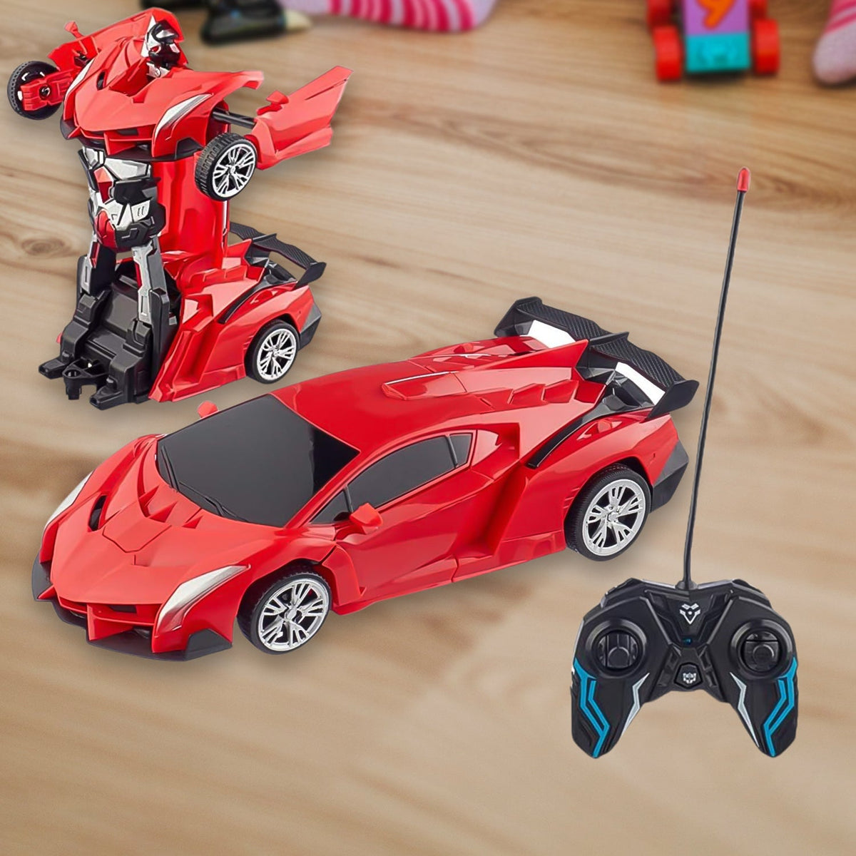 Red and blue transforming robot car toy in car mode, ready for action. Main image