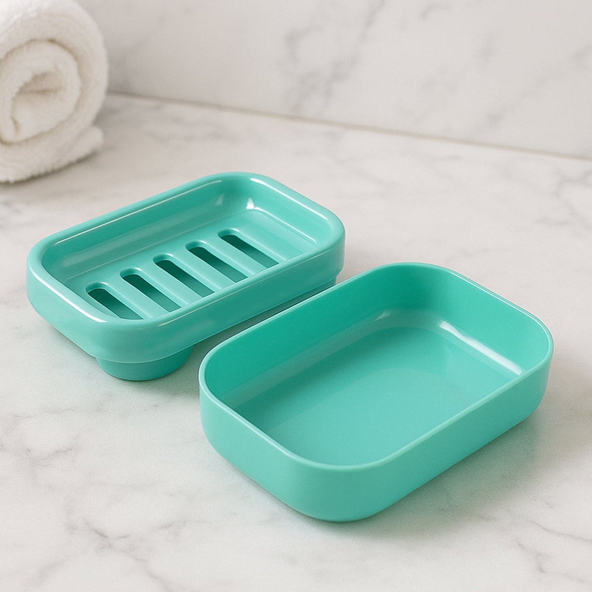 Aqua green plastic soap case with lid showing rectangular design and drainage slits Main image