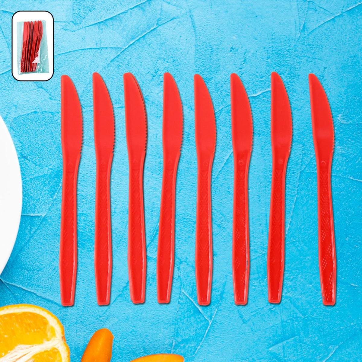 Pack of 8 durable red plastic knives with serrated edges for easy cutting Main image