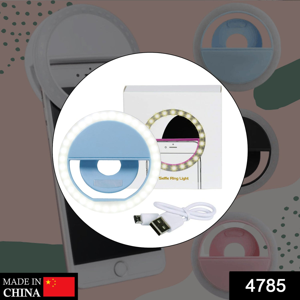 Close-up of a portable Selfie Ring Light illuminating a face for bright photos. Main image