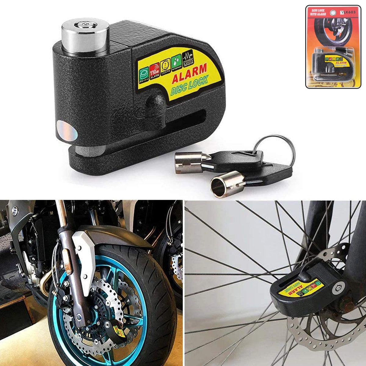 Alarm disc lock secured on a motorbike disc brake Main image
