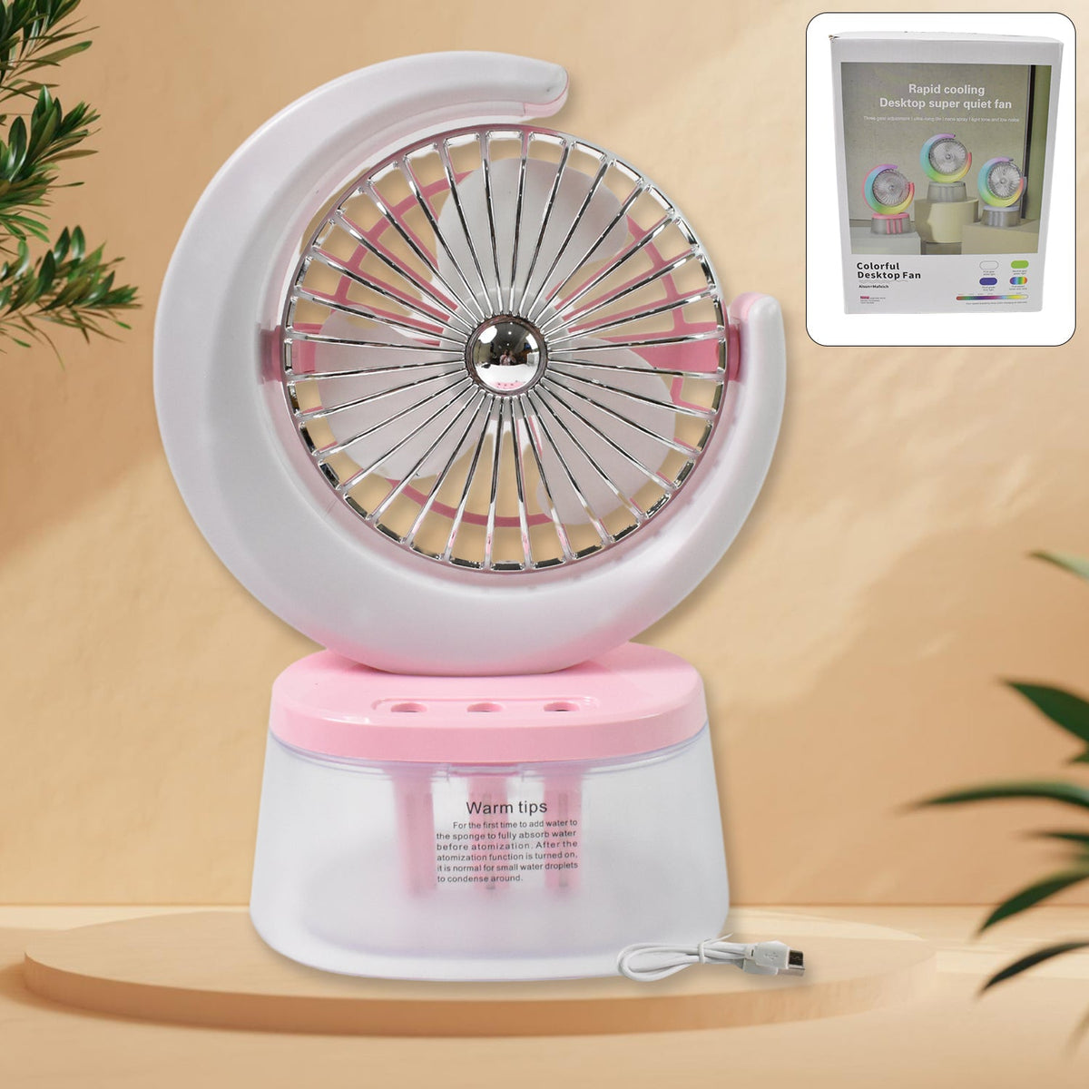 Airvanta portable humidifying fan with LED light on a wooden desk. Main image