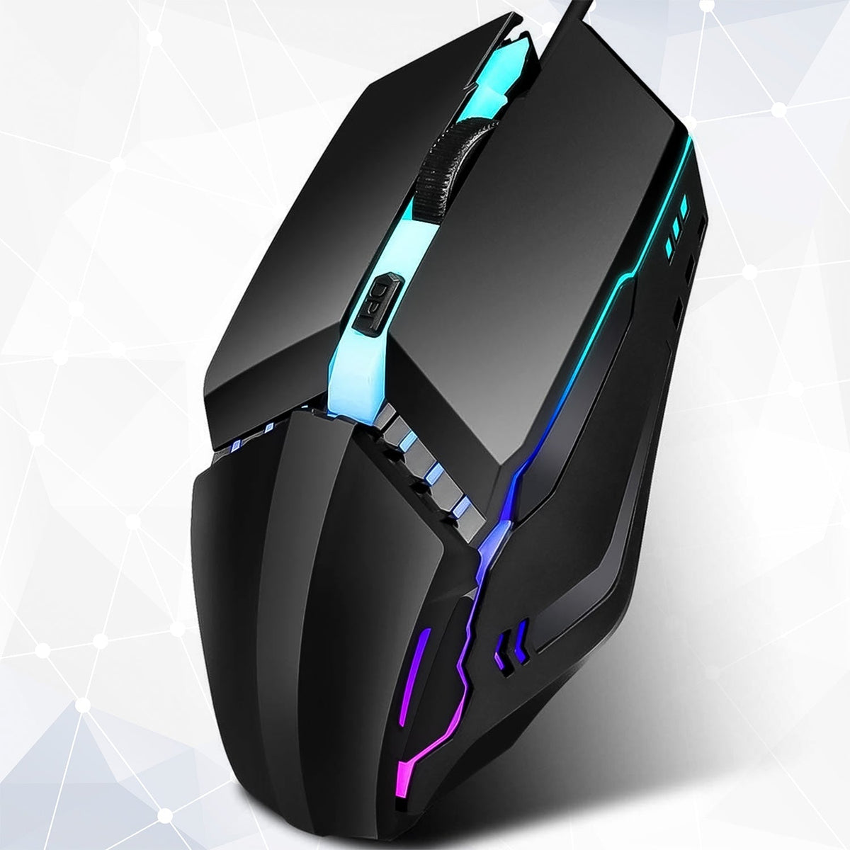 Ergonomic Wired Gaming Mouse with vibrant RGB lighting on a dark surface. Main image