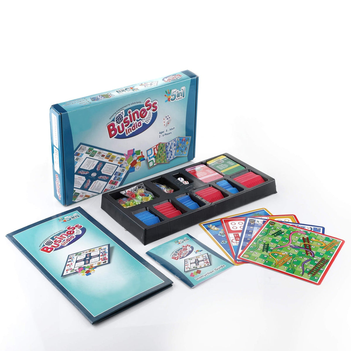 Aditi 5-in-1 Business Board Game for Kids with game board, plastic money, and game pieces. Main image