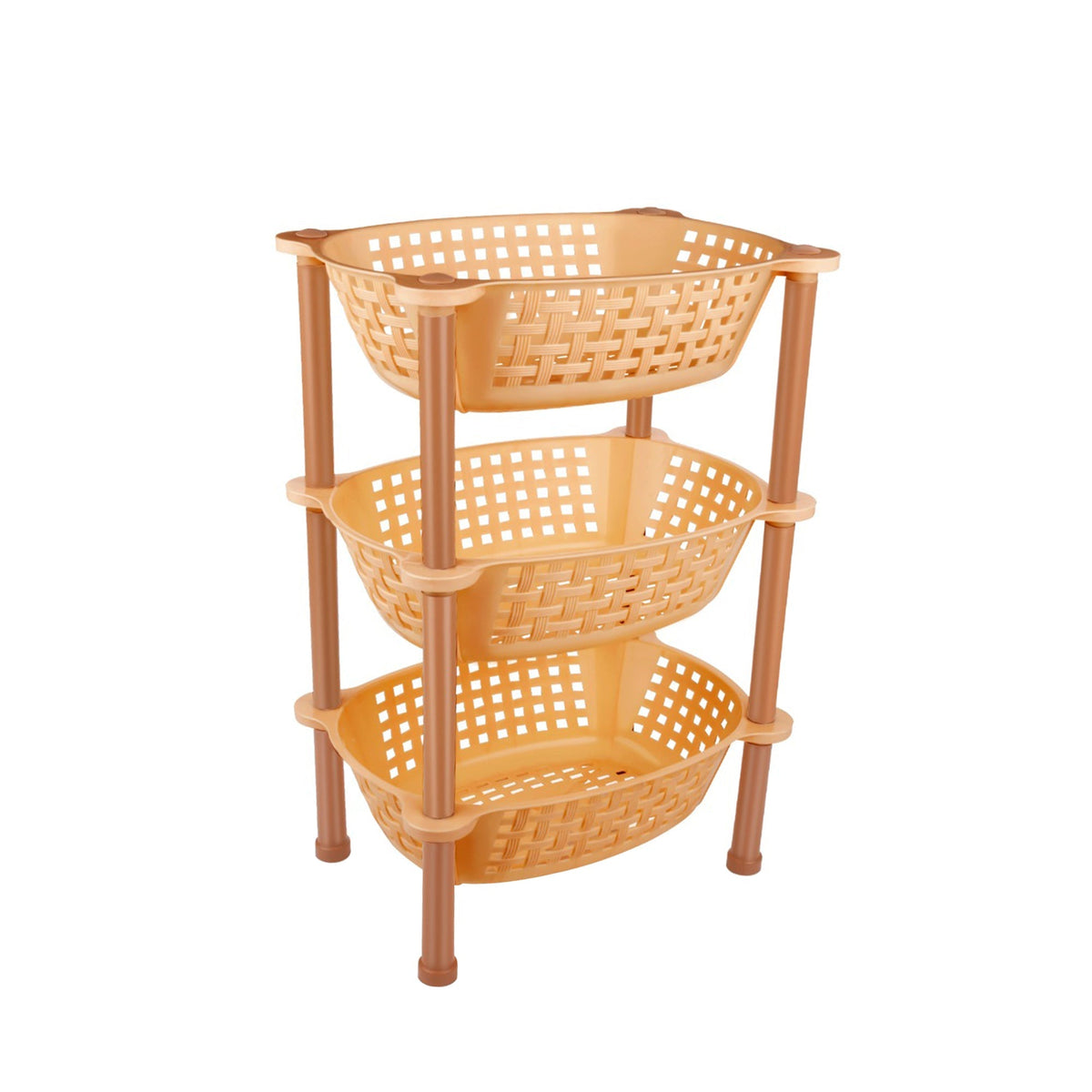 Organivo 3-tier plastic storage rack organizer in a kitchen, holding fruits and vegetables. Main image