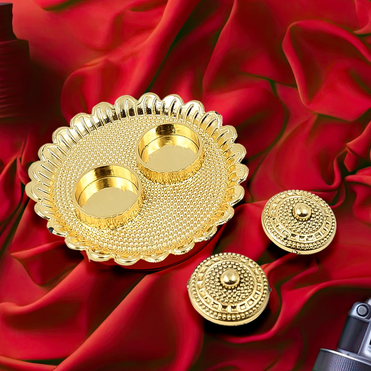 Beautiful round Puja Thali with multiple compartments for Kumkum and offerings. Main image