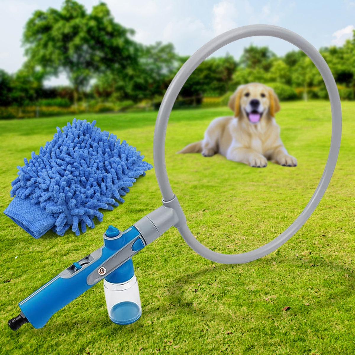 Pet Shower Sprayer in action, showing water jets gently cleaning a dog. Main image