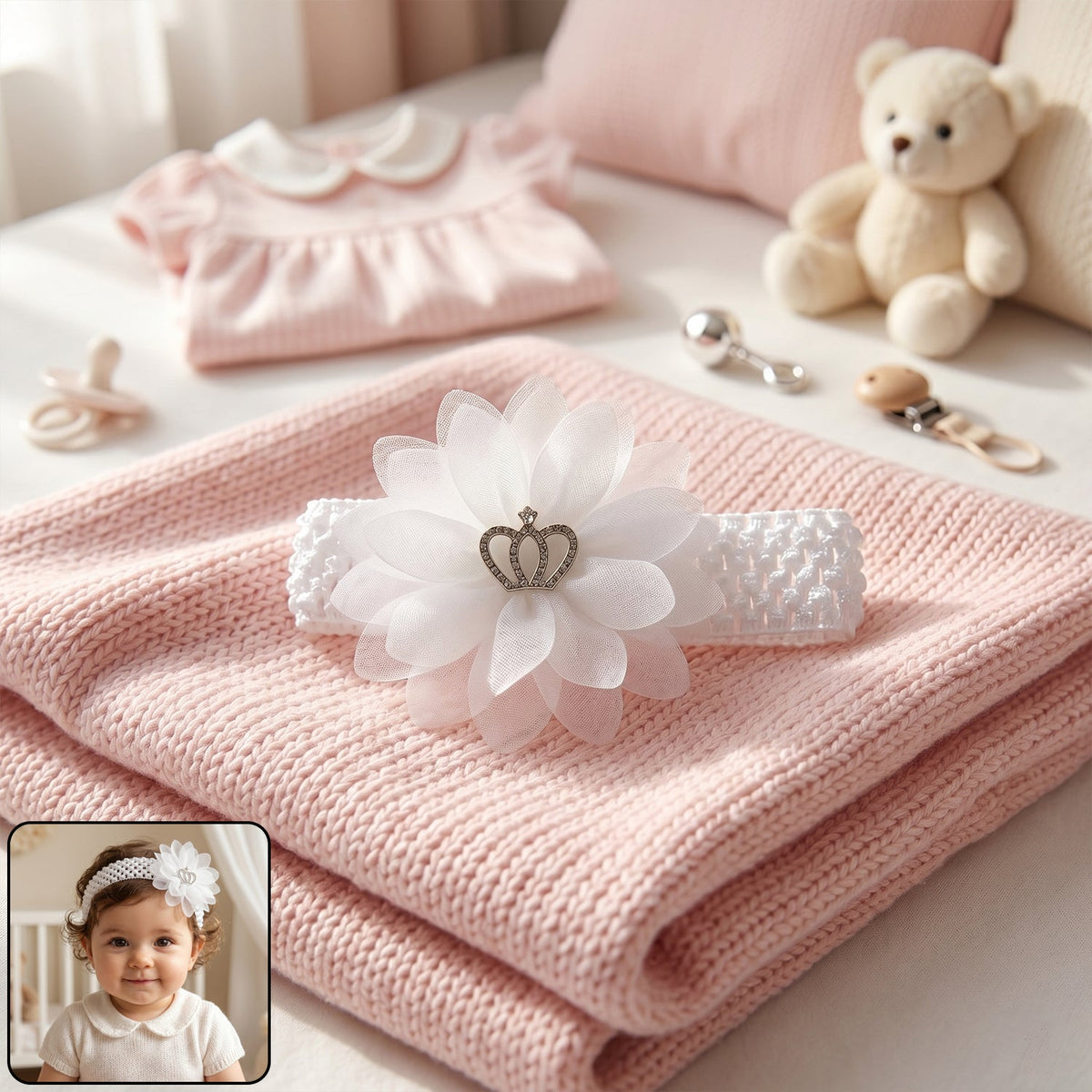 Baby girl wearing a floral crown headband, stylish hair accessory Main image