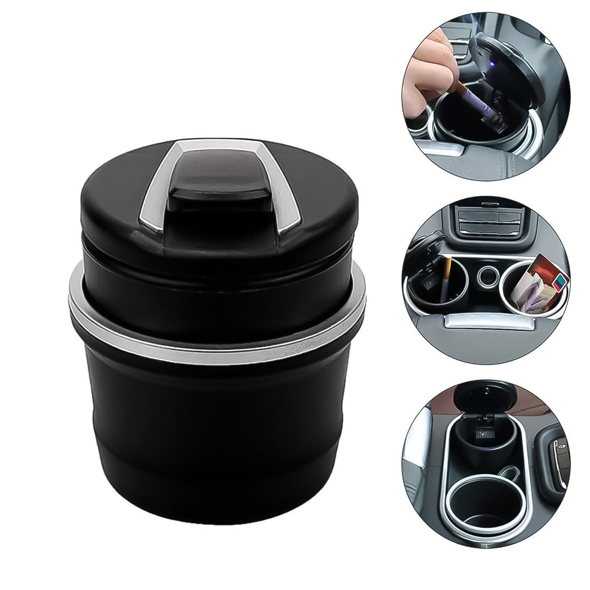 Portable car ashtray with blue LED light illuminated inside Main image