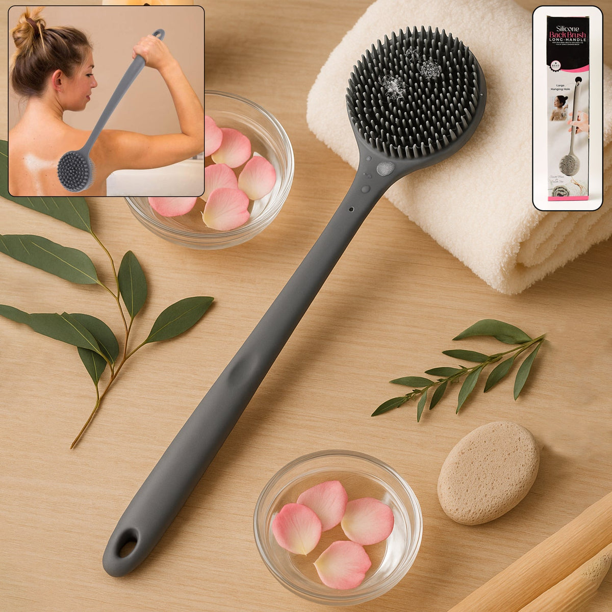 Silicone back scrubber brush with long handle for easy reach and gentle exfoliation Main image