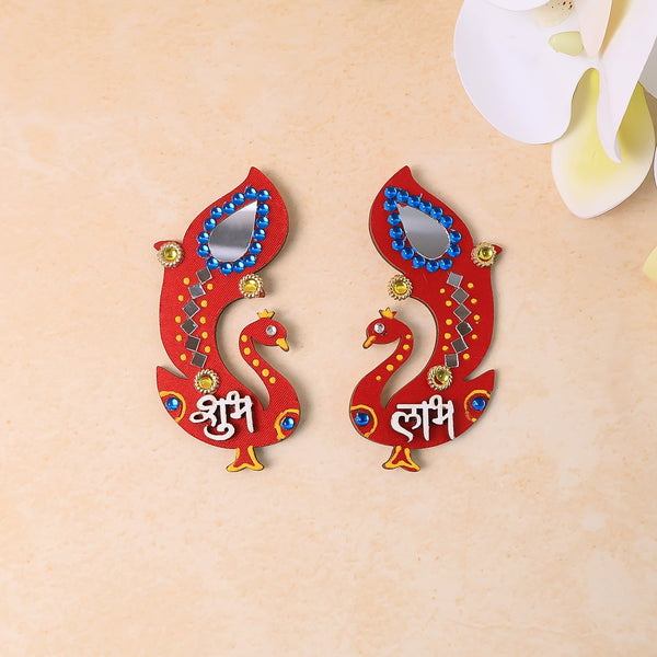 Handcrafted wooden Shubh Labh wall hanging with intricate mirror and stone decorations
