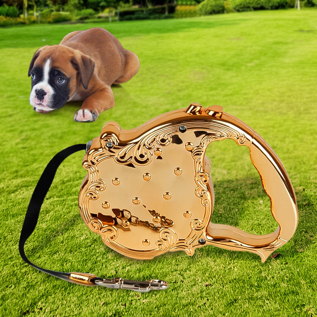 A person walking a small dog using the black retractable dog leash. Main image