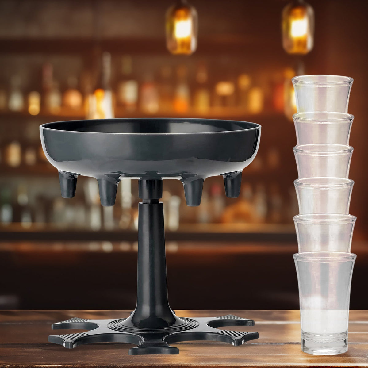 Siplix 6-shot glass dispenser set with six empty glasses and tray ready for use. Main image