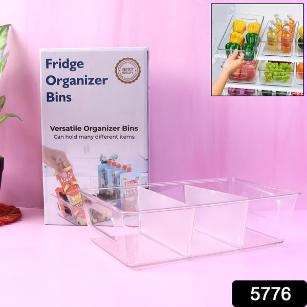 Compact and clear refrigerator organizer bin, ideal for small spaces.