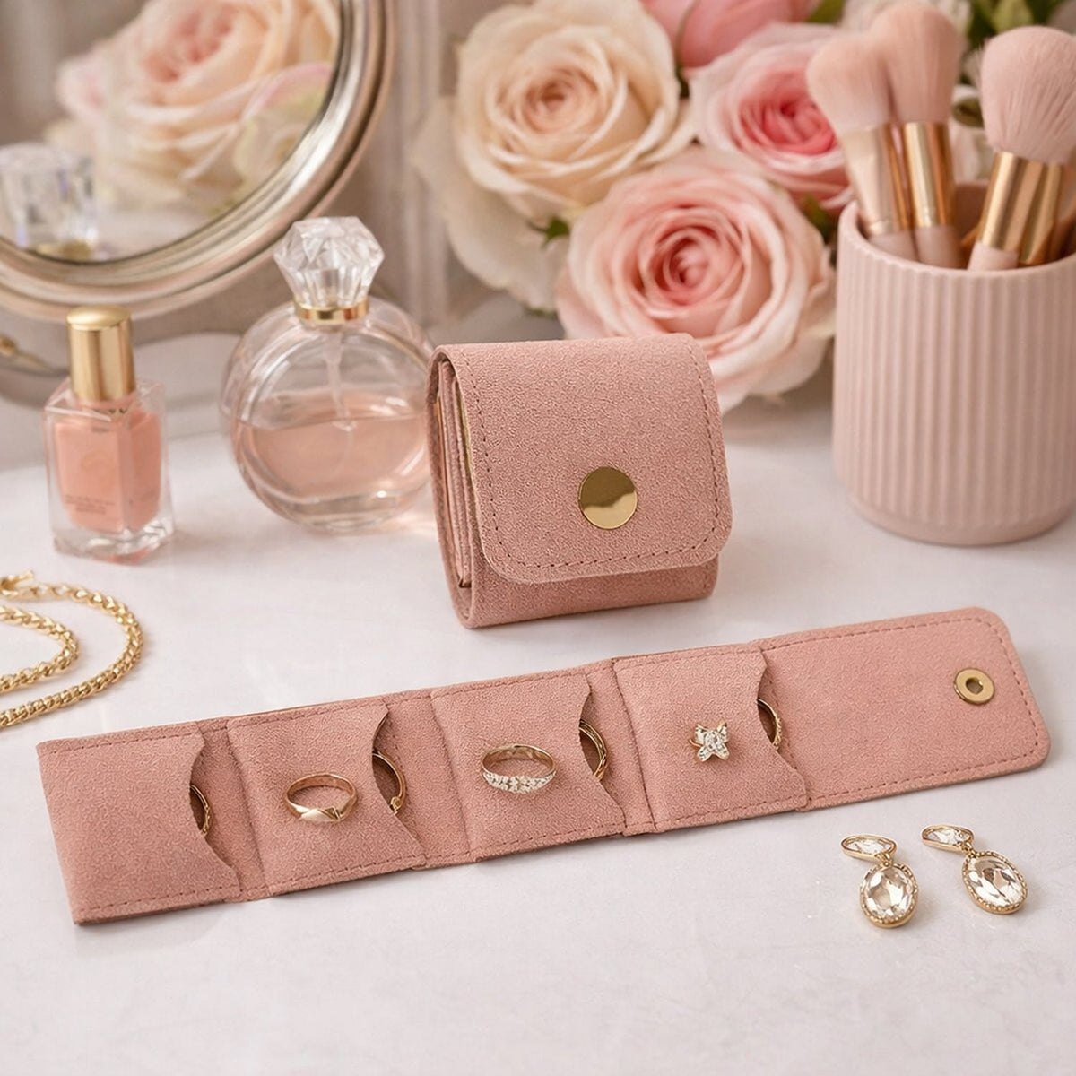 Compact foldable jewellery storage pouch with multiple ring compartments Main image