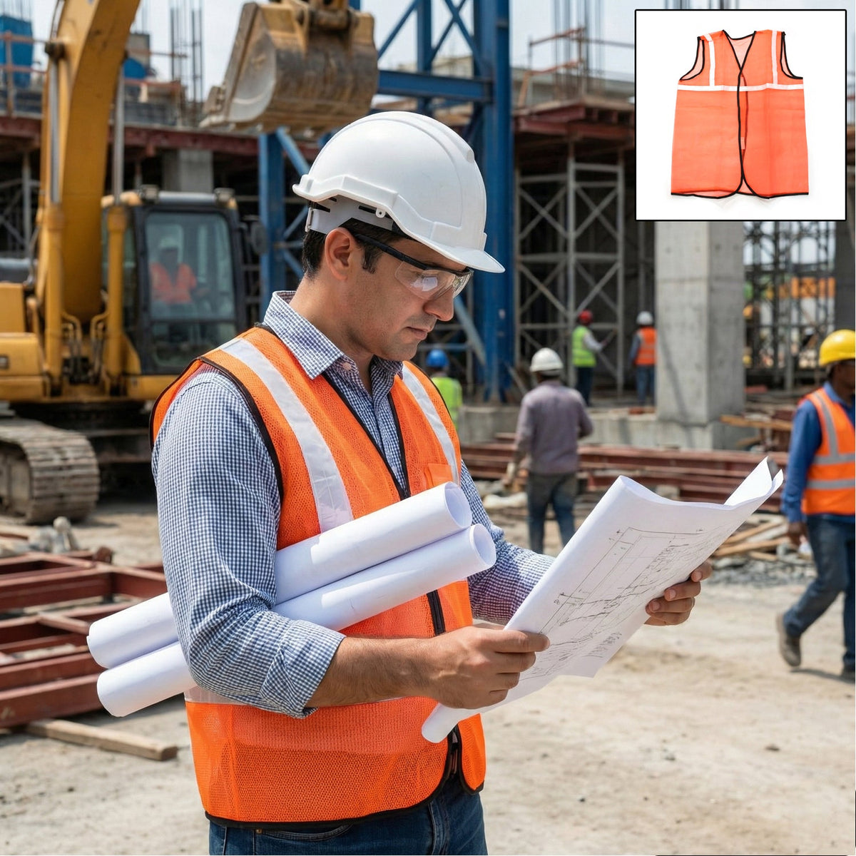 Front view of an Orange Safety Jacket with reflective stripes, perfect for high visibility. Main image