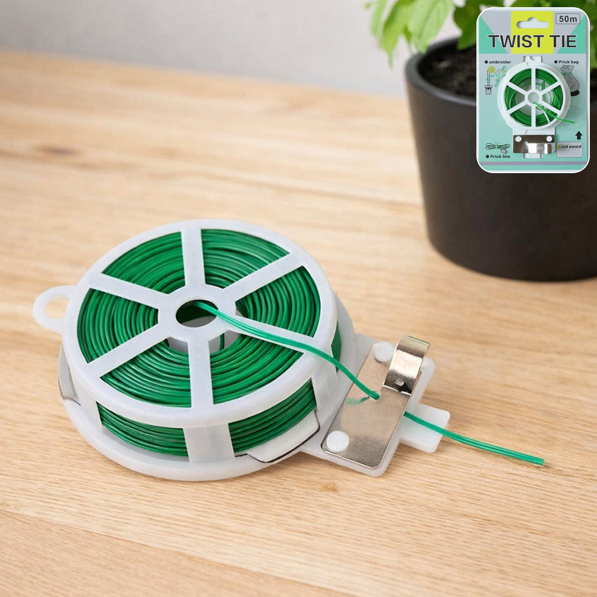 Reusable green twist tie roll used for garden plant support Main image