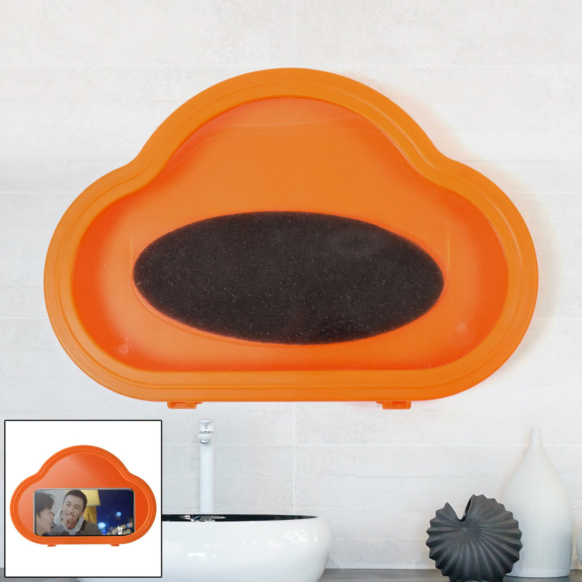 Orange waterproof mobile stand mounted on a tiled wall, showcasing its sleek design. Main image
