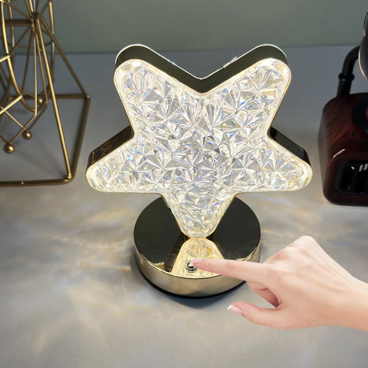 Elegant Crystal Diamond Lamp casting warm light in a cozy bedroom setting. Main image