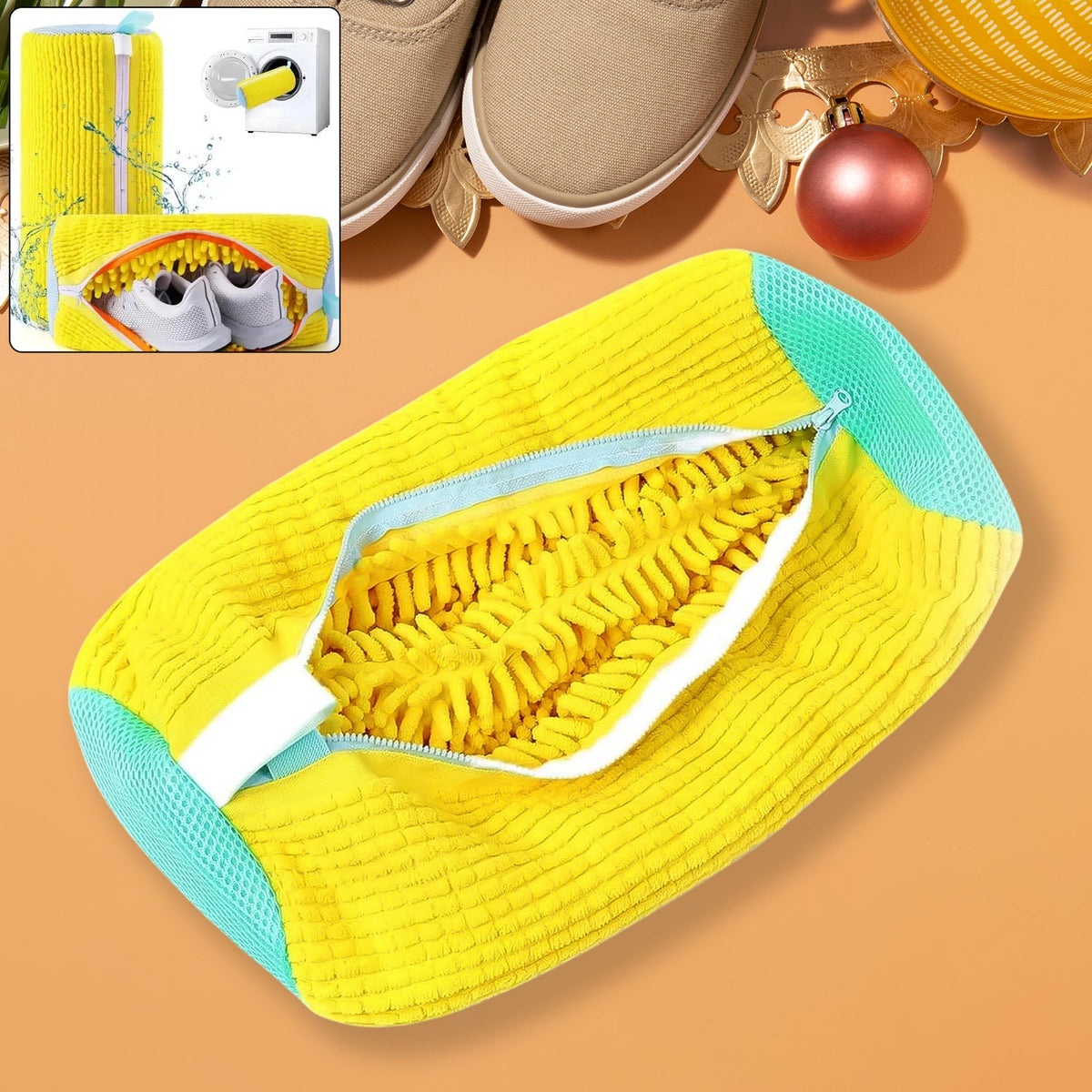 Shoe washing machine bag with microfiber chenille lining and zipper closure Main image