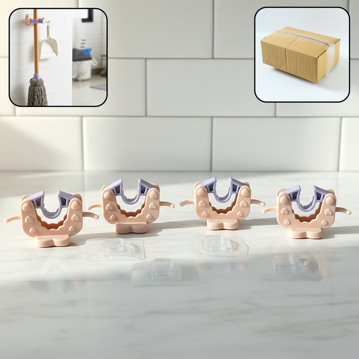 Set of 4 broom and mop wall holder clips with strong adhesive backing Main image