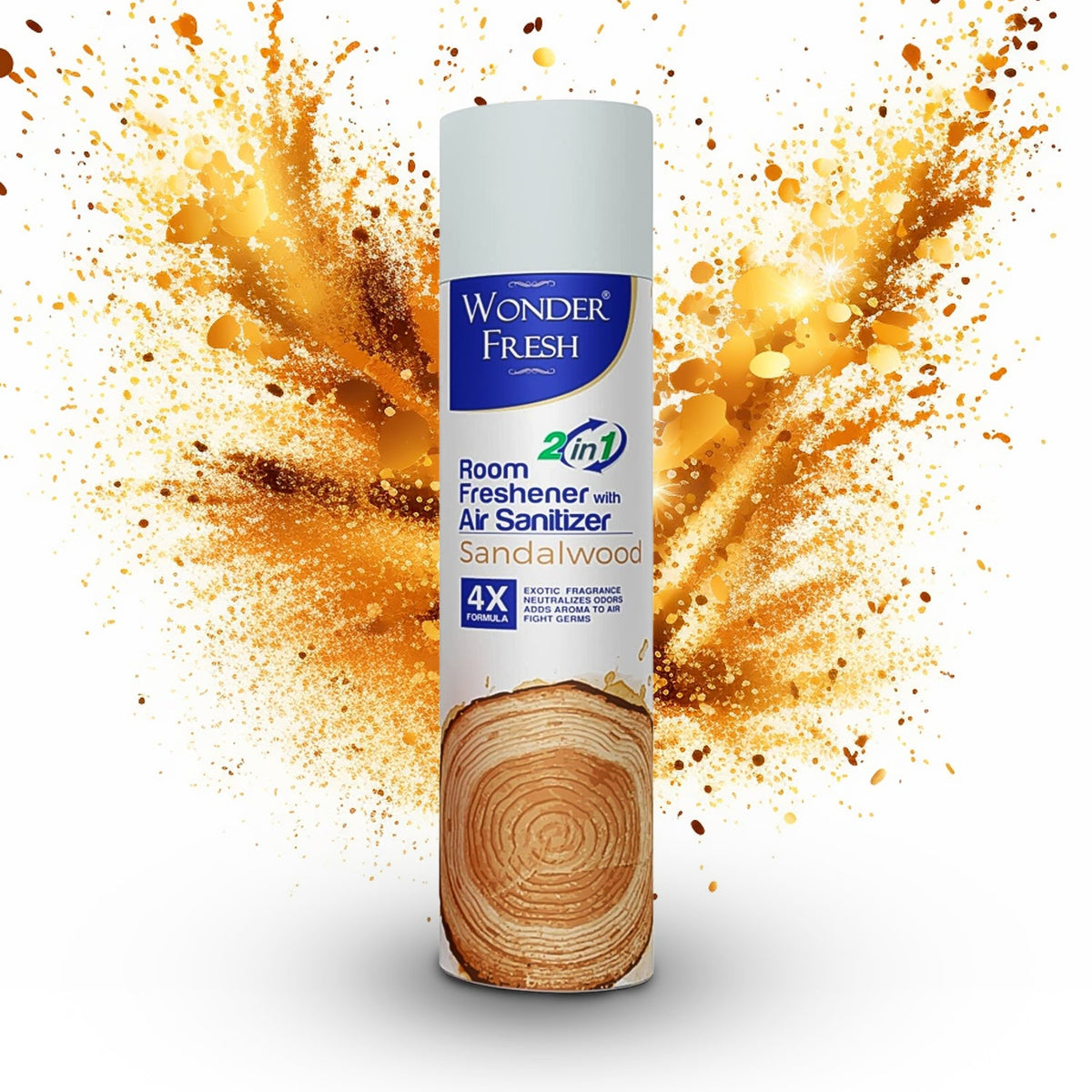 Wonder Fresh Sandalwood Air Freshener 125g bottle, front view, for refreshing home. Main image