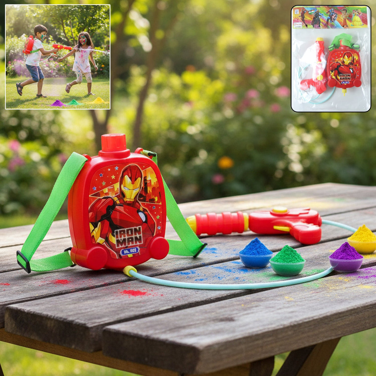Kids carrying backpack water gun with water tank for Holi fun Main image