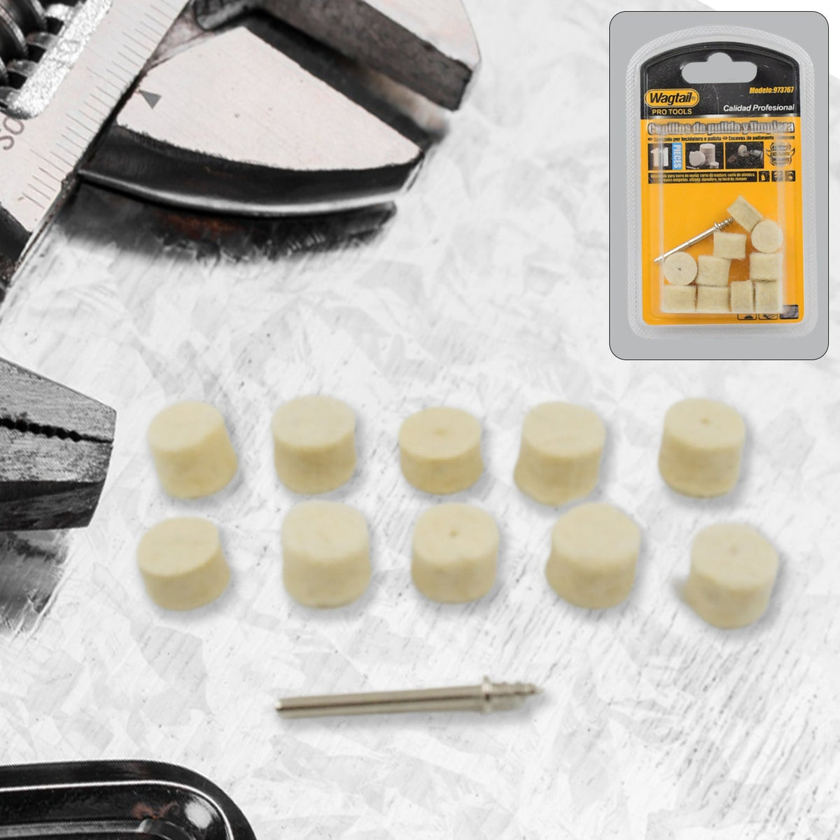 Wool Felt Polishing Pad set for rotary tools, featuring various shapes. Main image