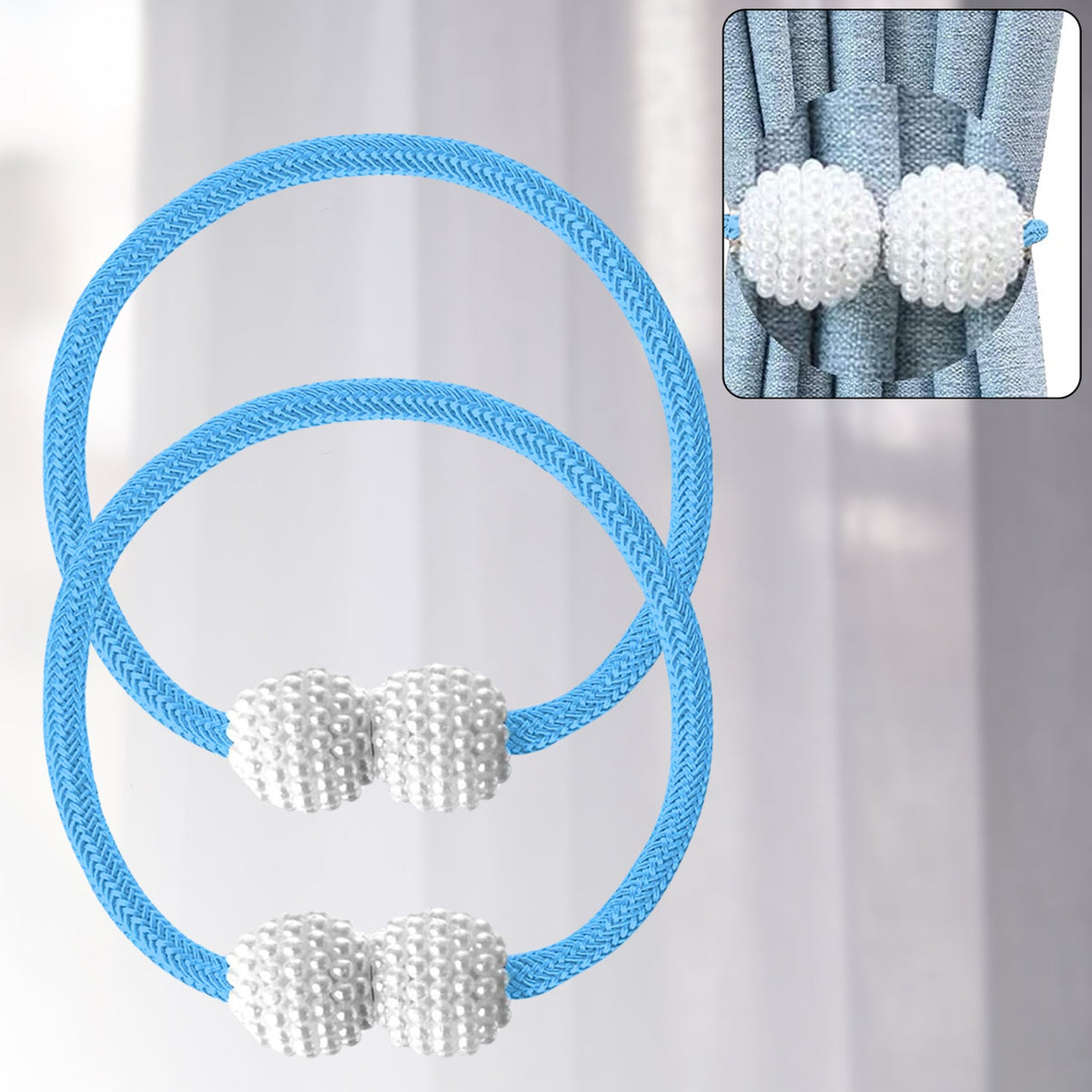 Magnetic curtain tieback with elegant pearl holding a white curtain Main image