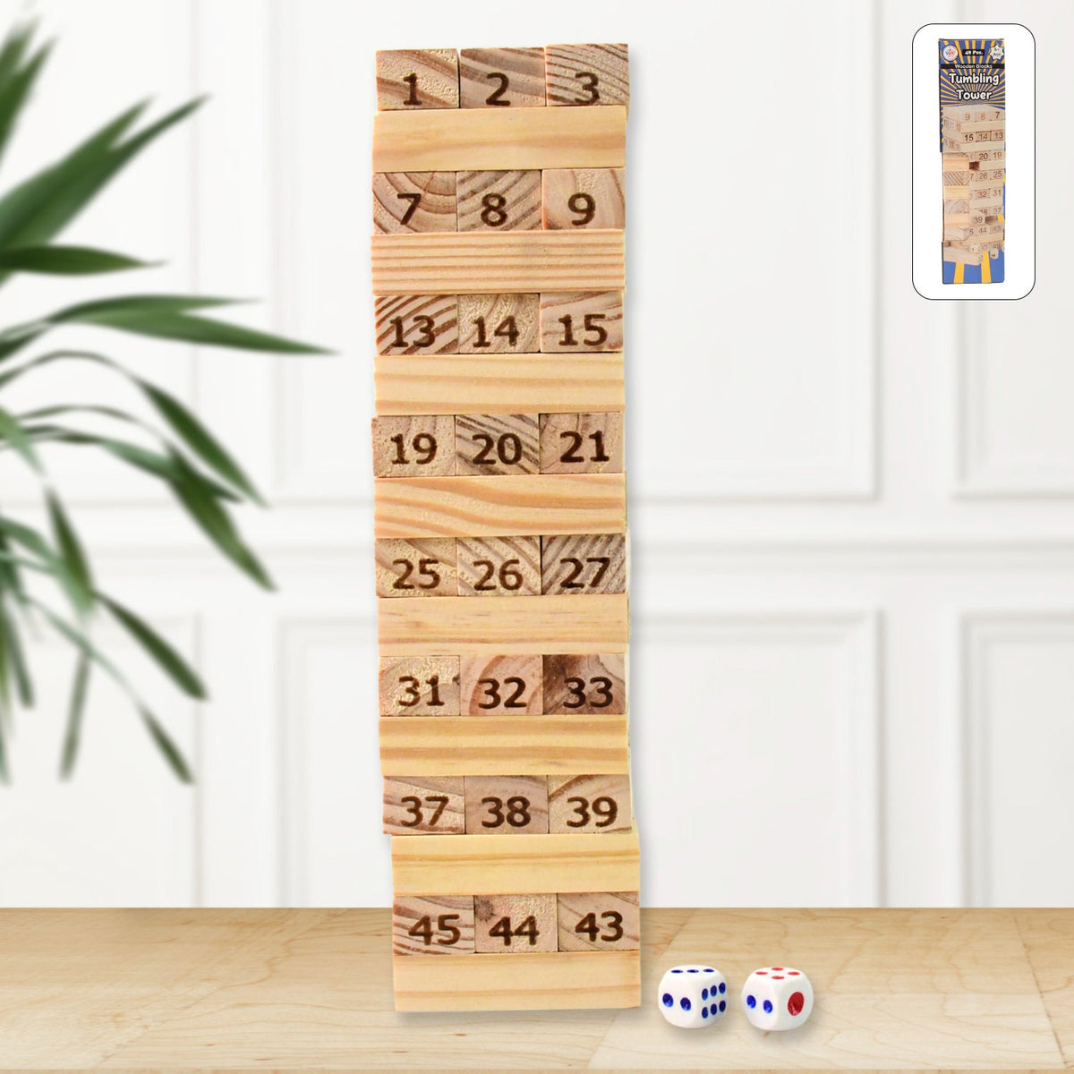 A fully stacked Wooden Tumbling Tower Game with 48 natural wooden blocks, ready for play. Main image