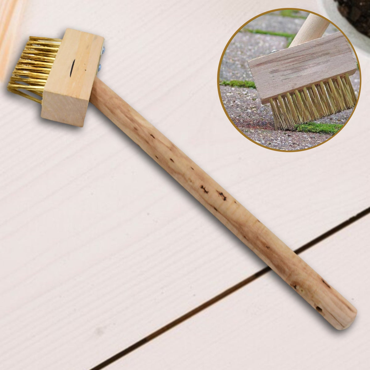 Paving Brush with wooden handle for removing weeds from patio. Main image