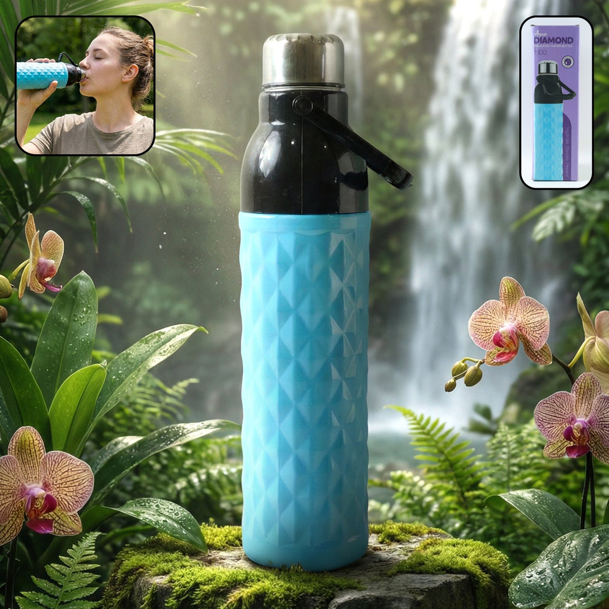 1100 ML diamond texture sports water bottle with secure cap and carry strap Main image