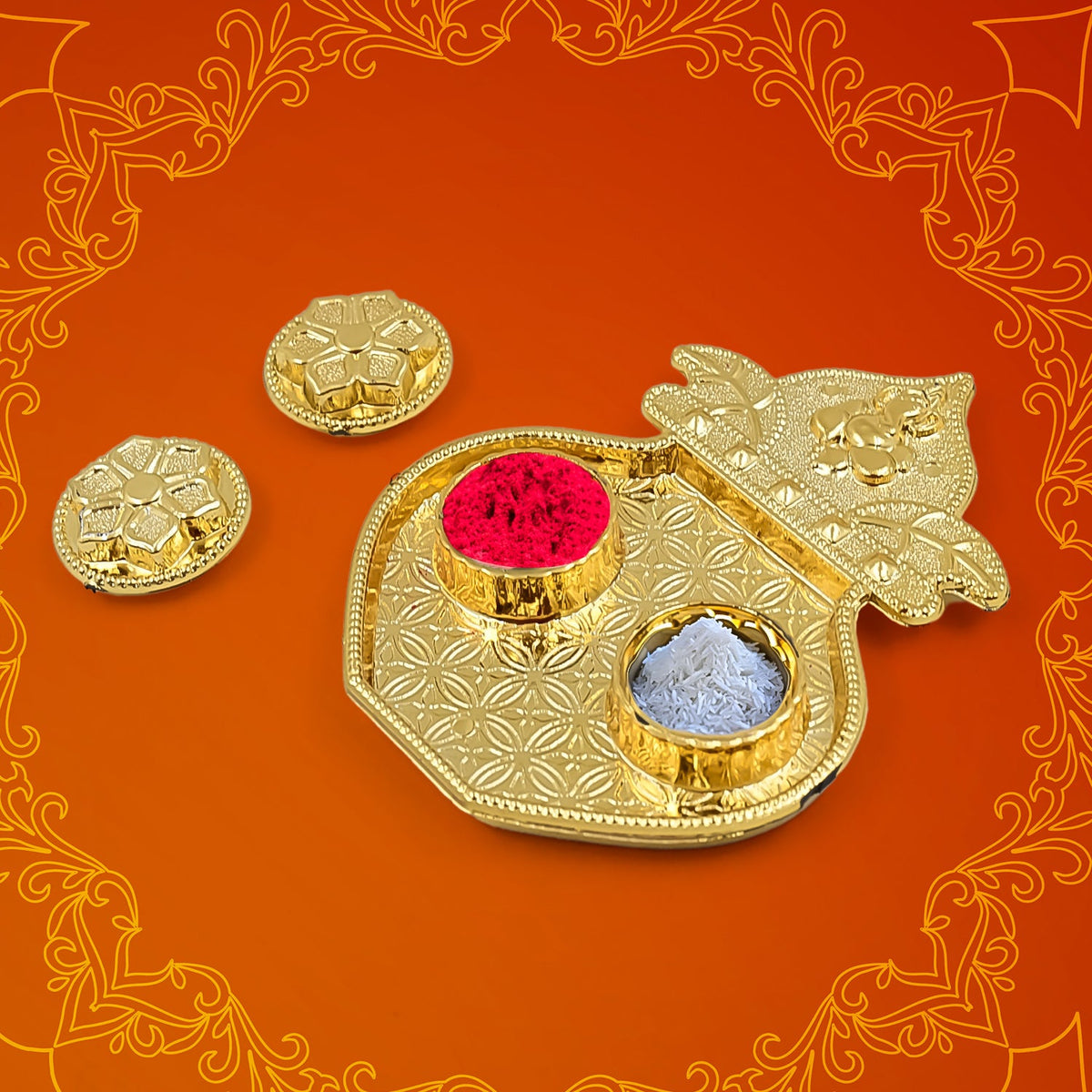 Vibrant Kalash shape Raksha Bandhan Puja Thali with kumkum holders. Main image