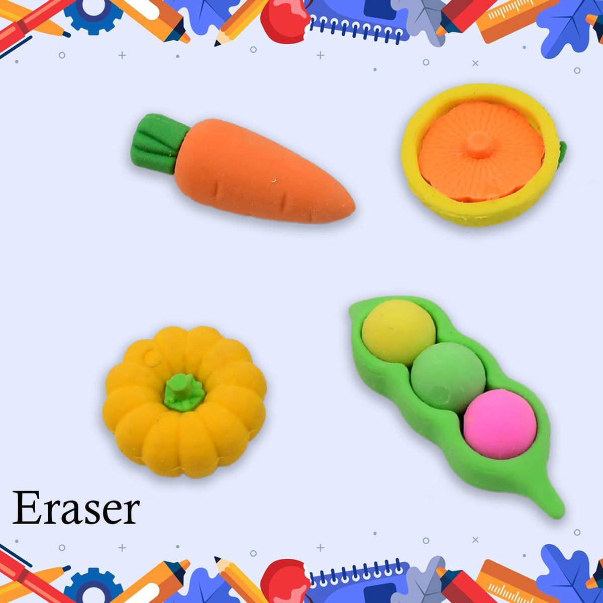 Colorful 4-piece kids erasers set with various fun designs for school. Main image