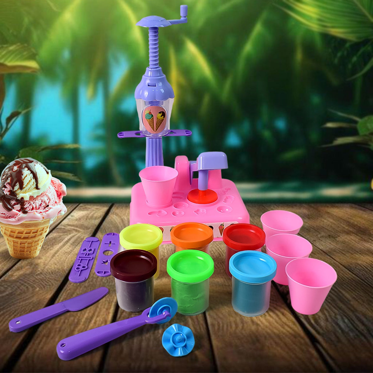 Kids playing happily with the Aditi Play Dough Set and ice cream maker toy. Main image