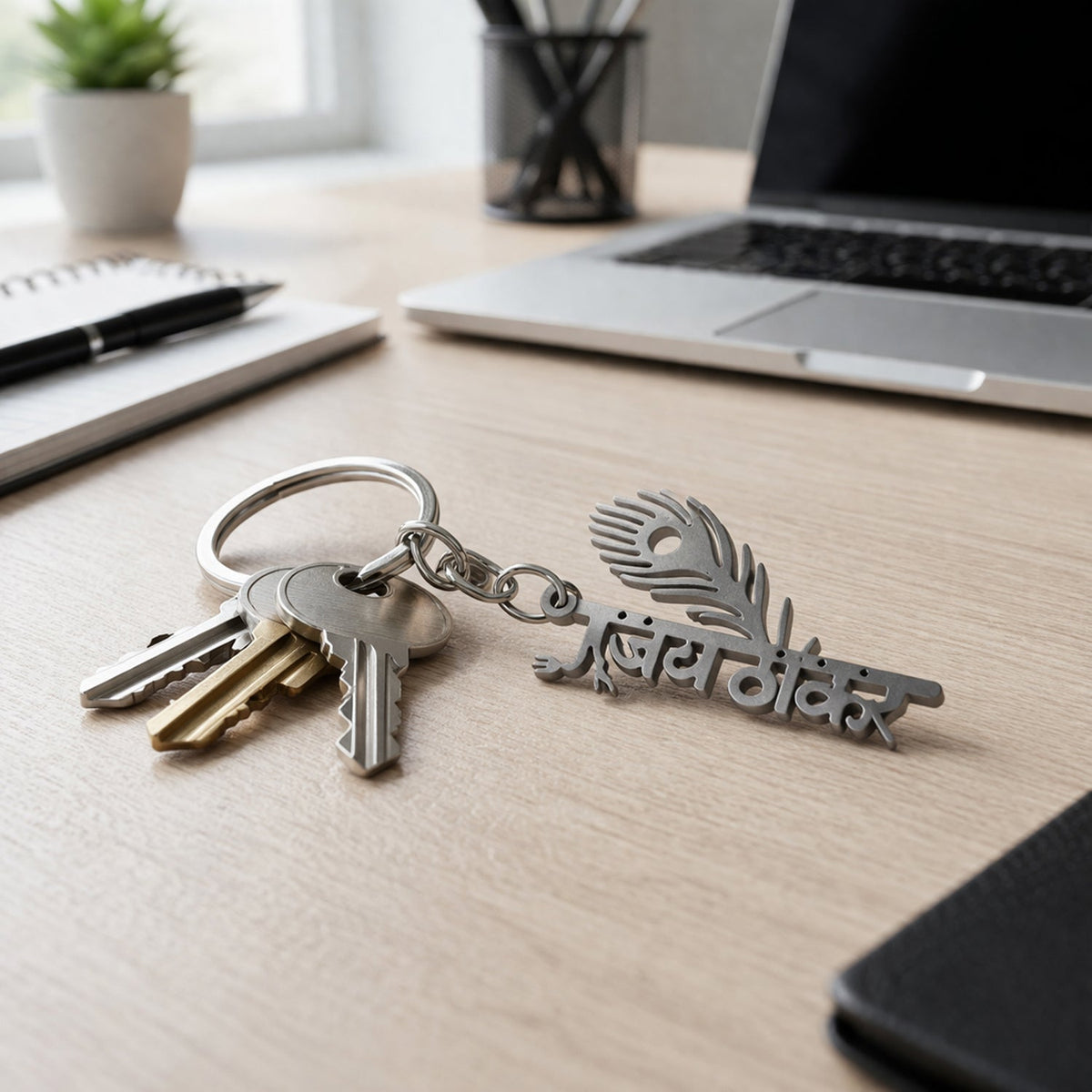 metal peepal leaf design keychain with religious symbol Main image