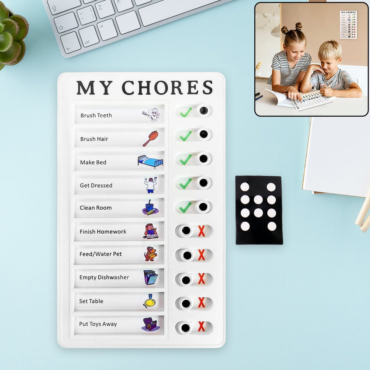 Reusable chore note board from Foloria displaying daily household tasks. Main image