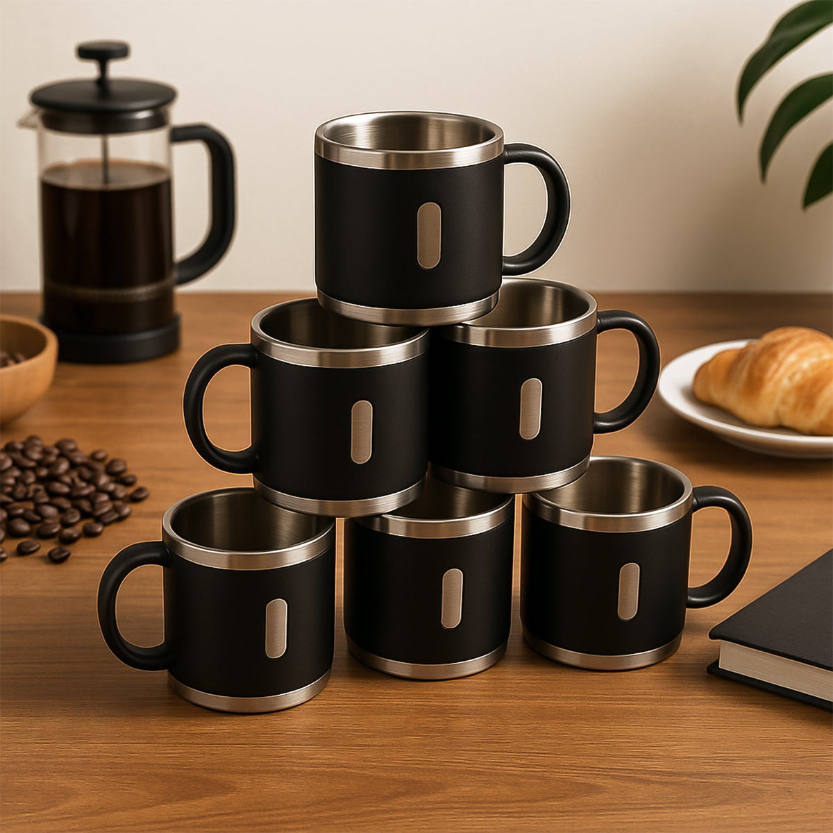 Set of six black double wall stainless steel coffee mugs with handles, 150 ML capacity each Main image