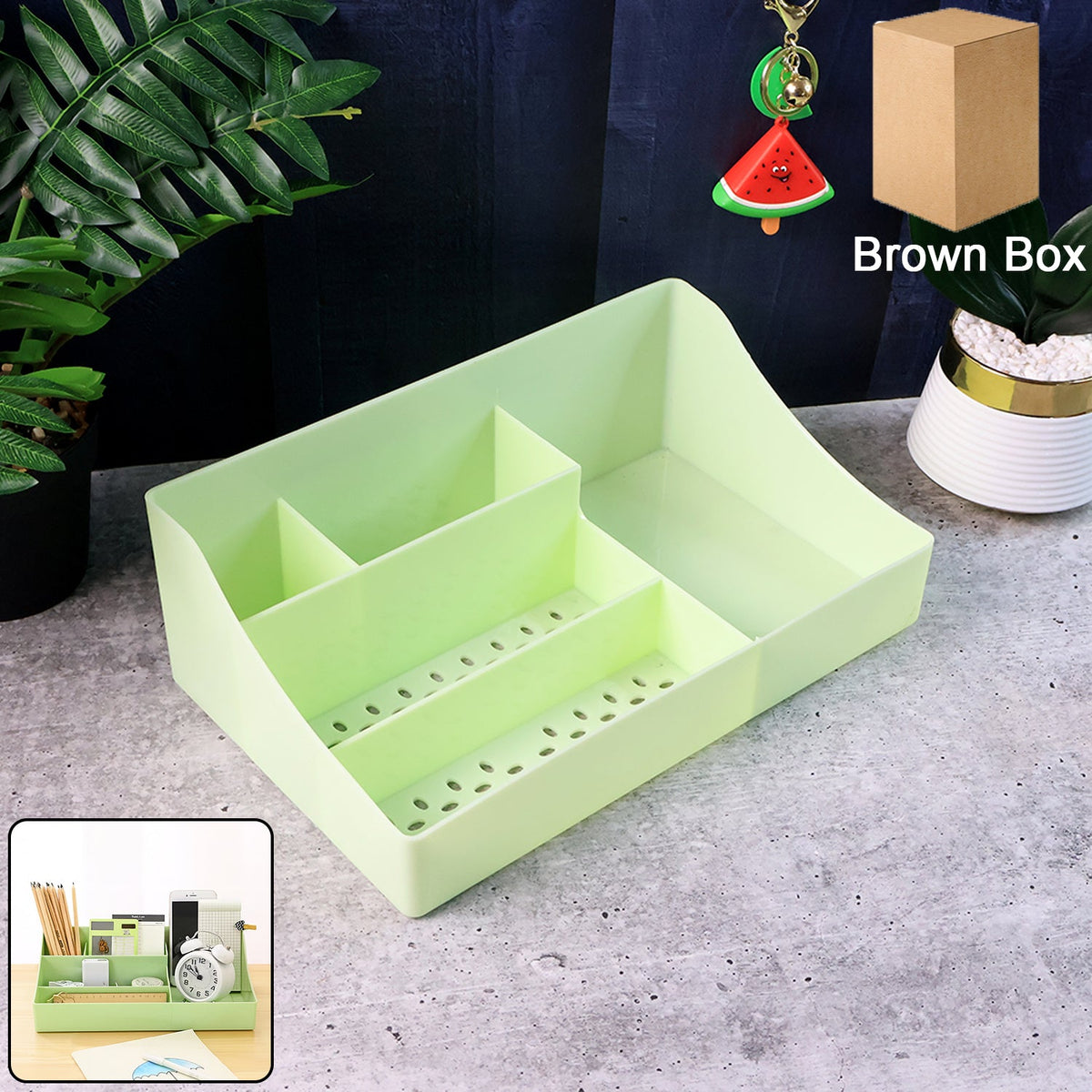 Green multi-section desk organizer storage tray on desk organizing office supplies Main image