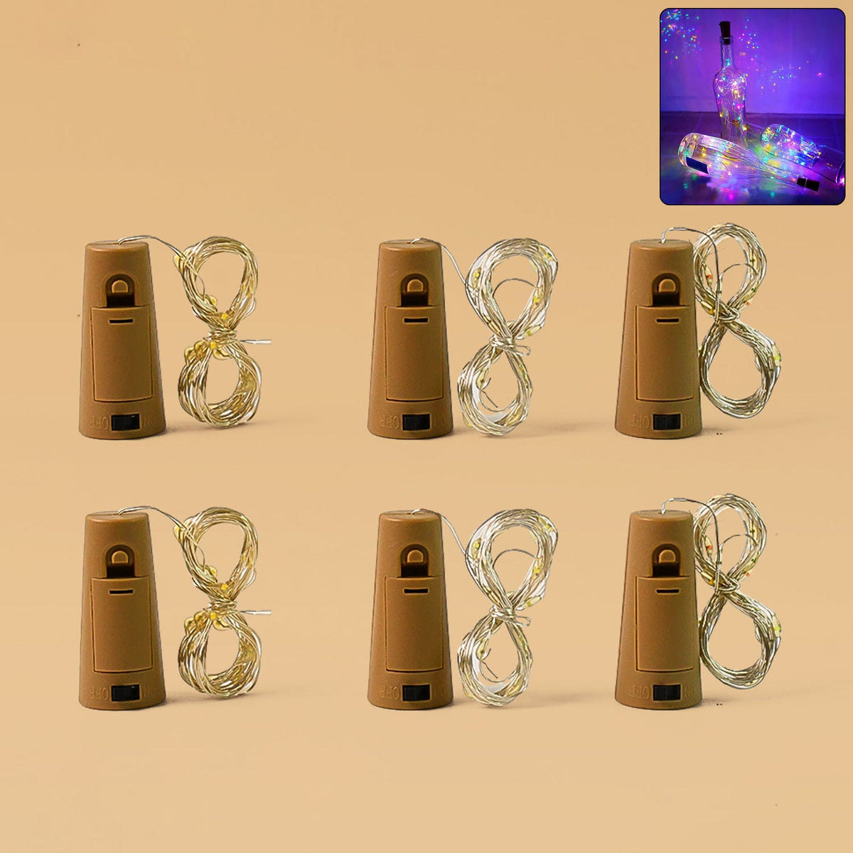 Cork-shaped LED bottle fairy lights in a wine bottle creating colorful ambient light Main image