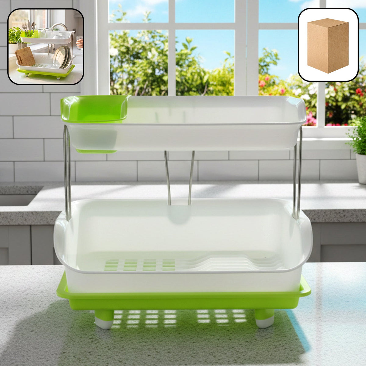 Two-layer kitchen dish drying rack with drain tray for organized drying Main image